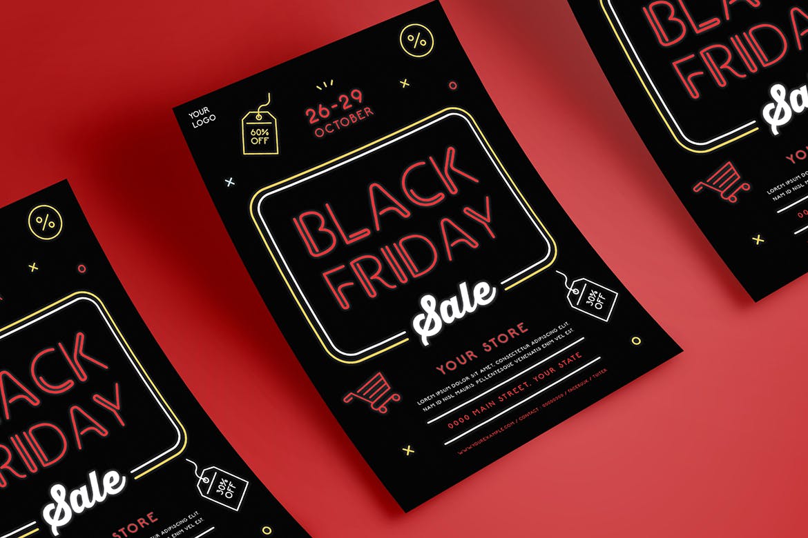 霓虹灯设计风格黒五购物节店铺促销广告传单海报模板 Black Friday Sale Flyer插图(1)