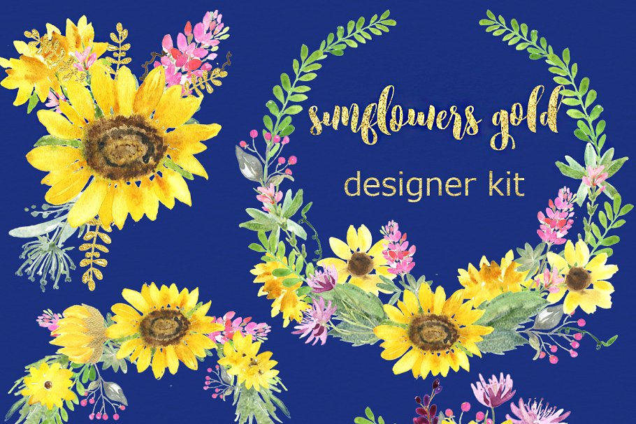 金色粉色向日葵水彩画剪贴画 Sunflowers gold & pink Watercolor插图(8)
