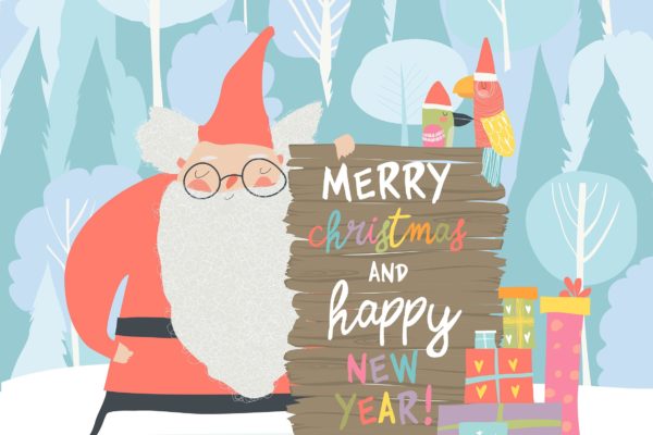 圣诞老人&amp;圣诞节庆祝主题矢量手绘插画 Santa Claus celebrating Christmas. Vector illustra