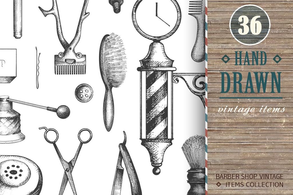36枚复古手绘理发工具主体高清素材下载[png]插图(2)