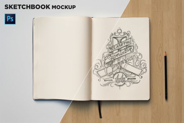 素描本内页设计/艺术作品展示顶视图样机素材库精选 Sketchbook Mockup Top View