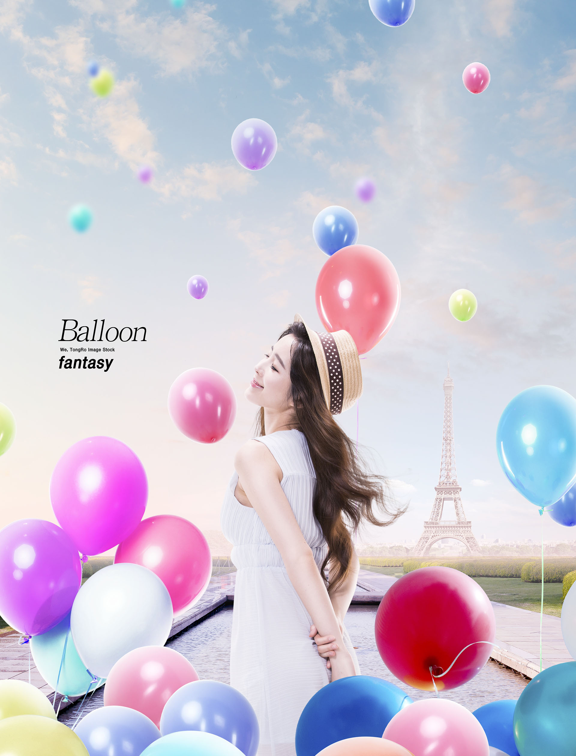 梦幻三八妇女节气球清新阳光女孩创意场景PSD海报模板插图(2)