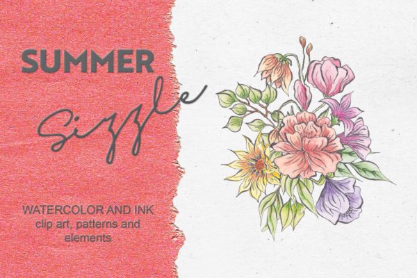 夏日鲜艳色彩水彩花卉设计素材库精选PNG素材包 Summer Sizzle: Watercolor and Ink Collection