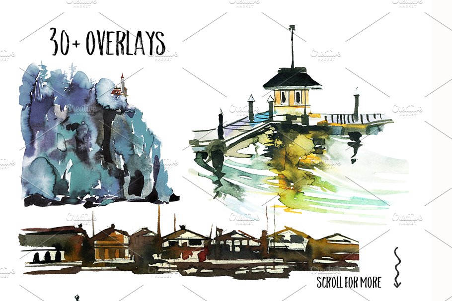 海景水彩场景设计素材包 Watercolor Trees Palms SeaScape Kit.插图(3)