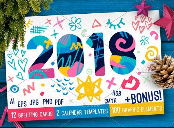 素材库下午茶：鲜艳活跃的圣诞新年贺卡广告和日历模版下载[Ai]