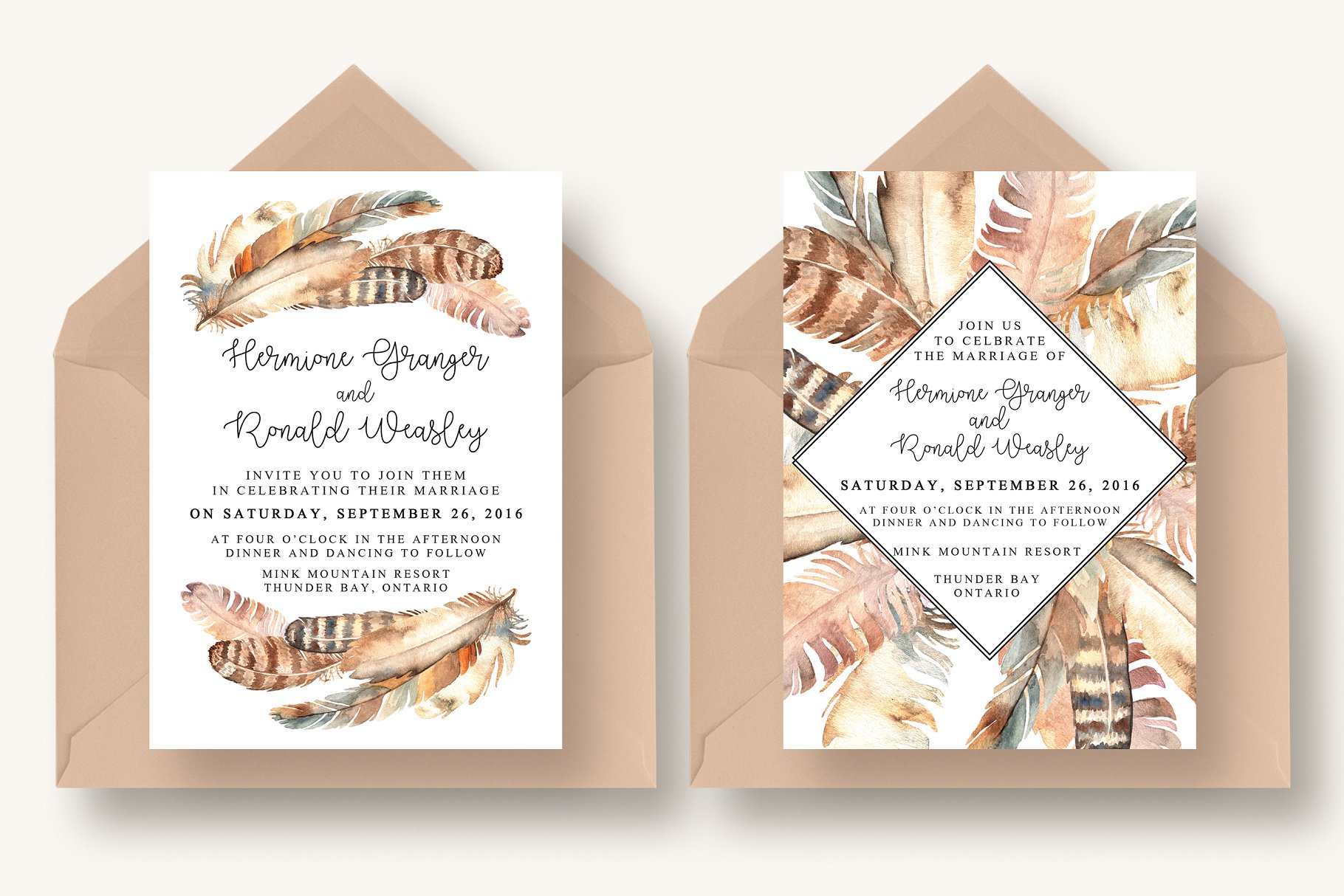 波希米亚风格羽毛插画婚礼邀请函设计套件 Boho Feather Invitation Suite插图(1)