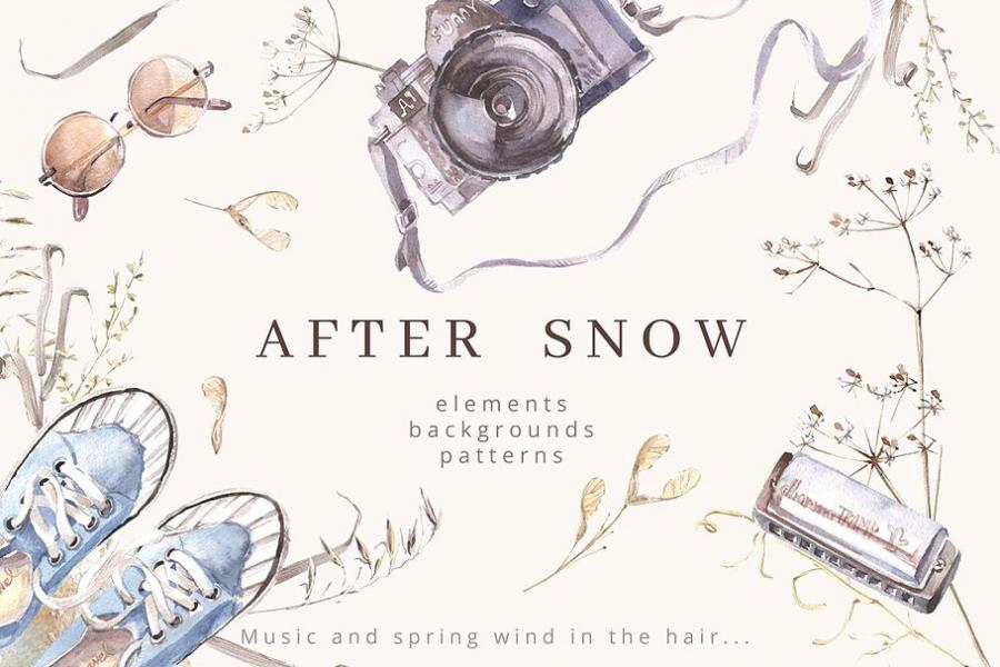 复古风格摄影水彩插画套装插图