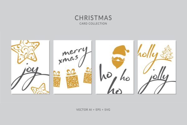 创意圣诞手绘图案&amp;手写祝福语圣诞节贺卡设计模板 Christmas Greeting Card Vector Set