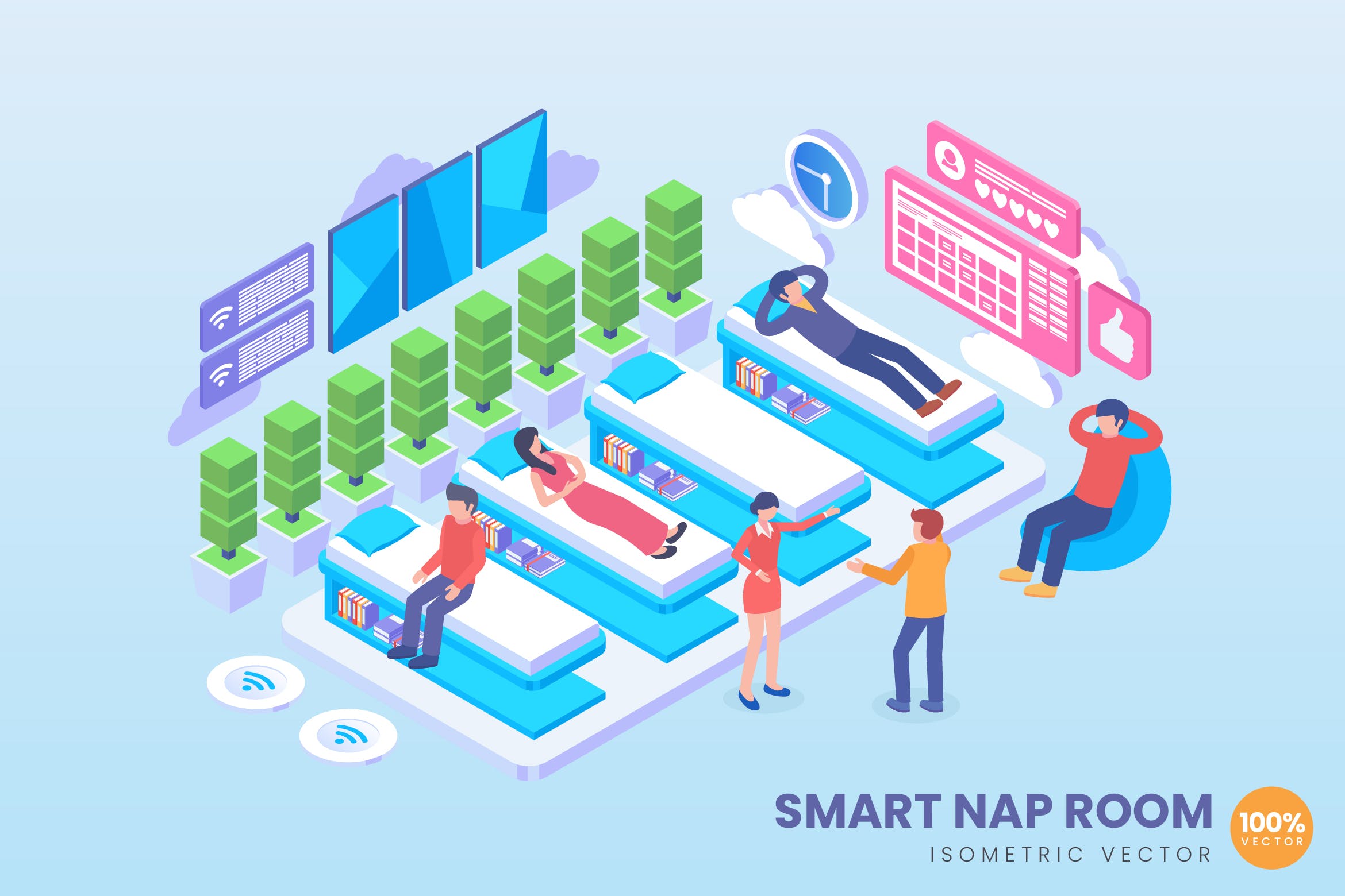 智能VIP休息室2.5D等距概念插画矢量素材 Isometric Smart Nap Room Vector Concept插图