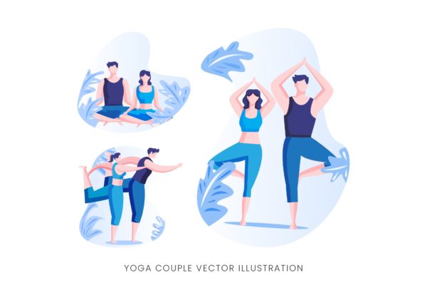 瑜珈情侣人物形象矢量手绘素材库精选设计素材 Yoga Couple Vector Character Set