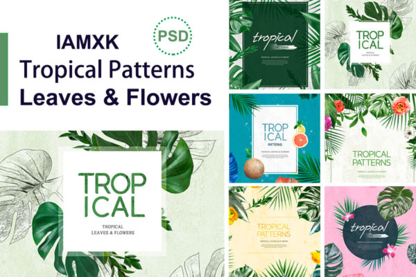 热带主题叶子&花卉图案海报设计素材