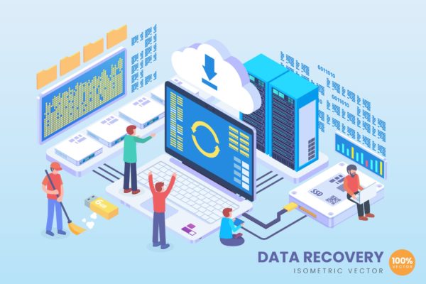 数据恢复技术等距矢量科技素材库精选概念插画v2 Isometric Data Recovery Vector Concept