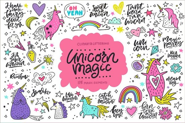 魔术独角兽剪贴图与文字素材 Unicorn Magic: clipart &amp; lettering