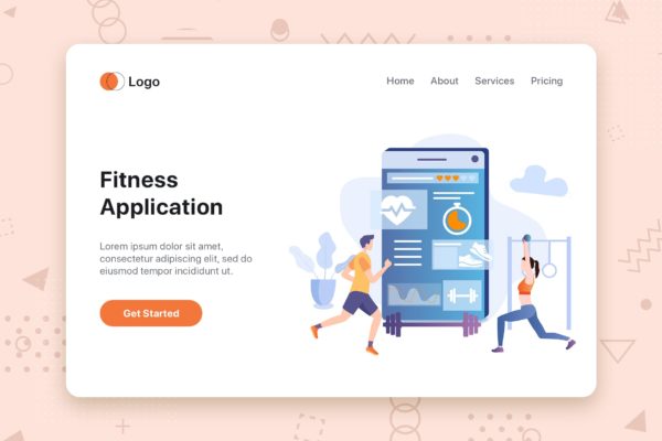 健身运动APP主题网站首页设计概念插画 Fitness App flat concept for Landing page