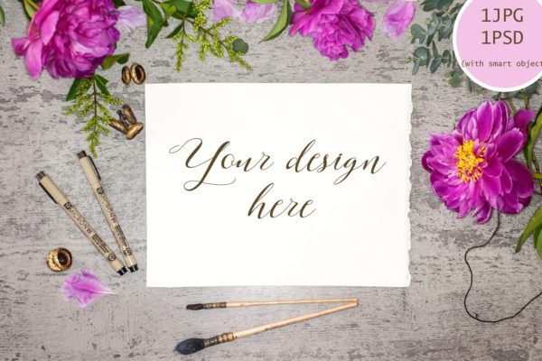 粉色花卉装饰便签模板 Peony mock up №9