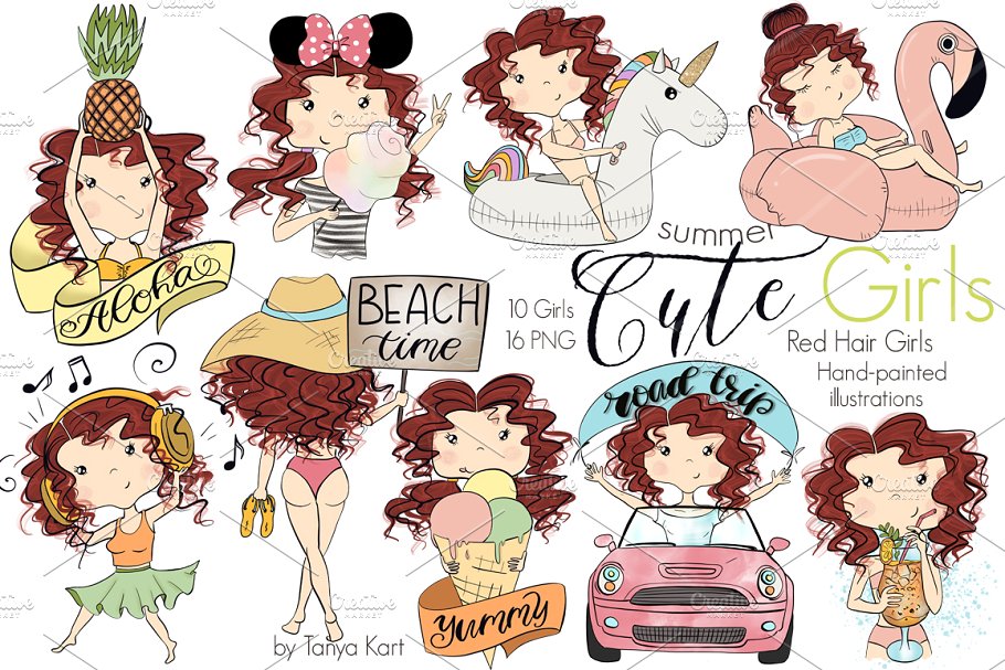 4组夏日少女剪贴画 Collection of 4 Sets Girls Summer插图(16)