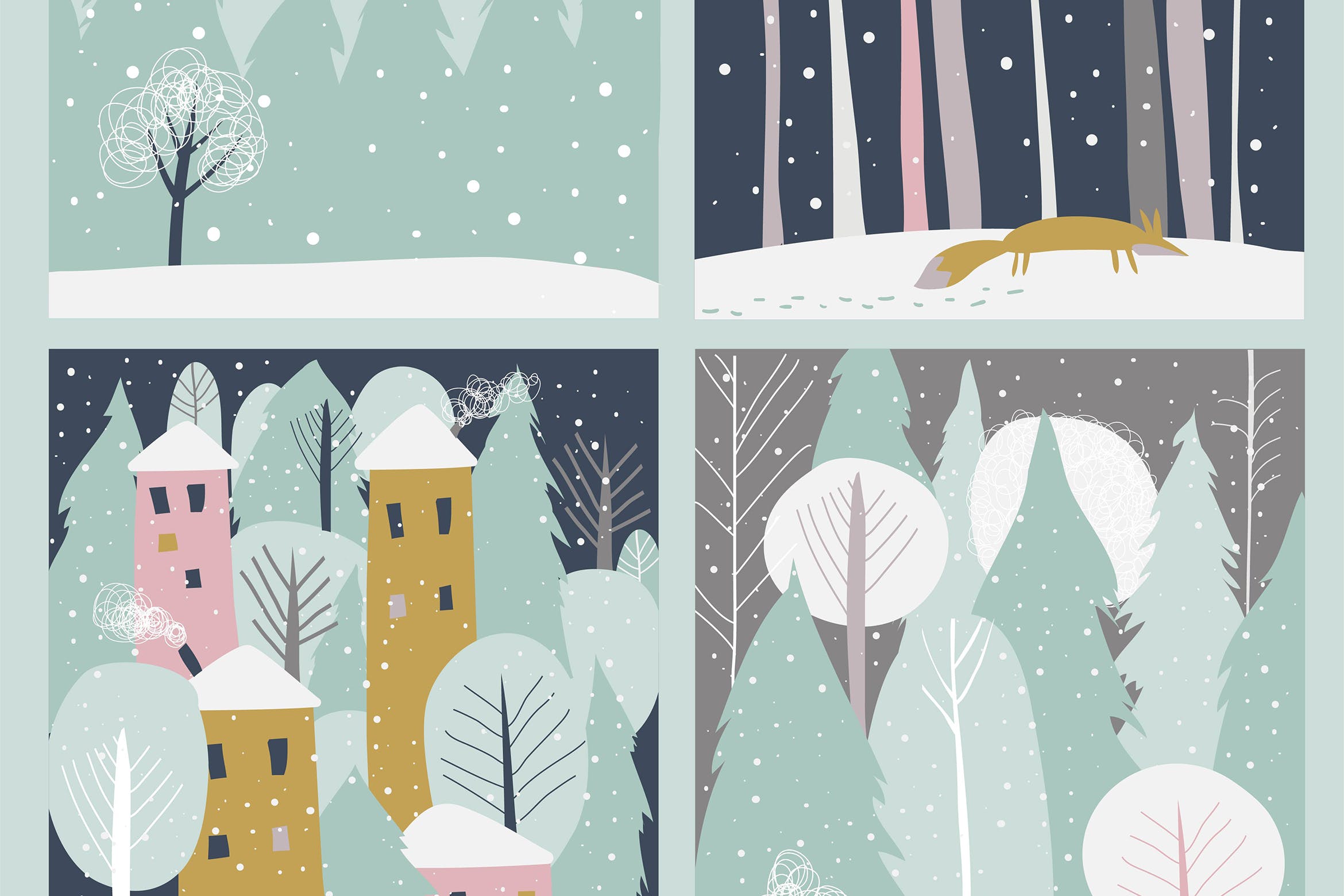 矢量手绘设计风格冬天雪景矢量插画素材 Set of winter lanscape in flat style. Vector插图