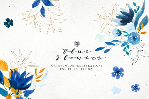 浪漫蓝色花卉水彩矢量插画套装 Blue Flowers
