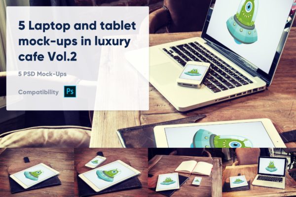 咖啡厅场景Macbook&amp;平板电脑素材库精选样机模板v2 5 Laptop and tablet mock-ups in cafe Vol. 2