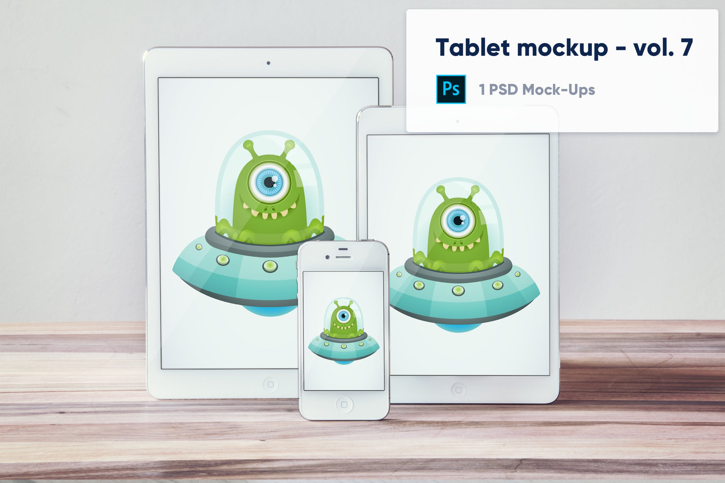 木桌上的iPhone&iPad屏幕展示素材库精选样机模板v7 Tablets and Phone on Wooden Desk Mockup – Vol. 7插图