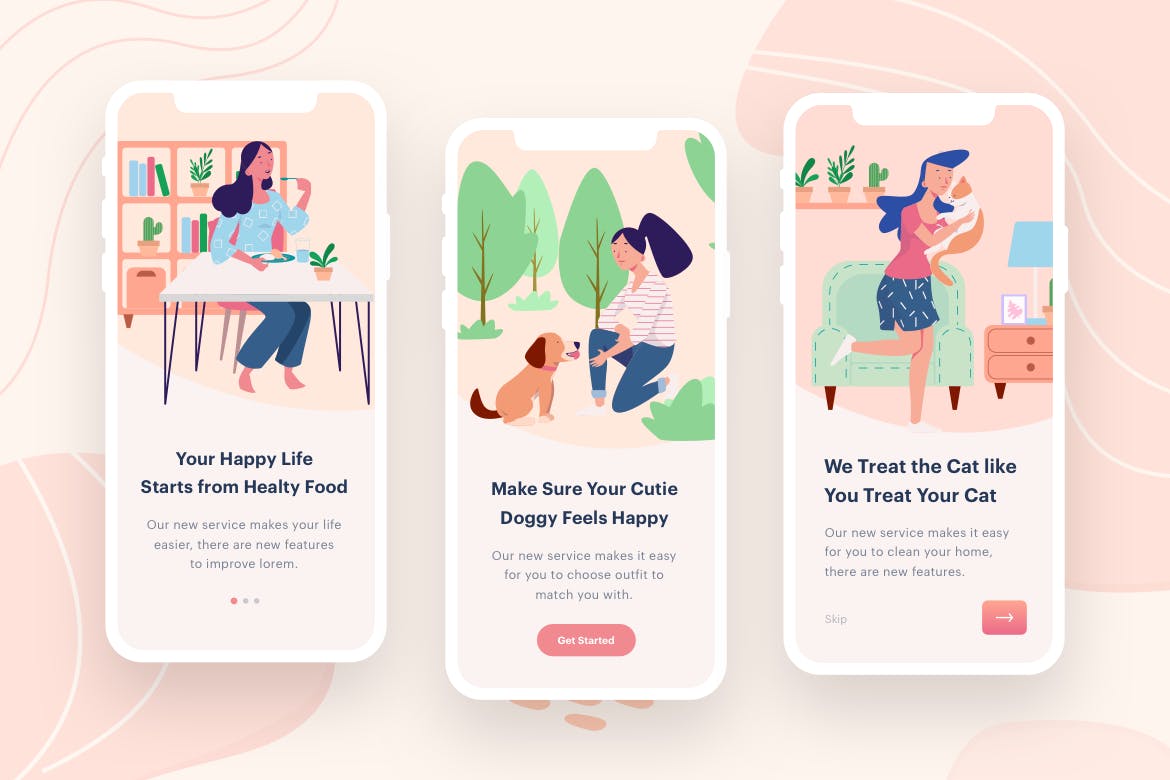 女性吃喝玩乐主题APP应用启动页矢量插画素材 Women’s Eat & Play Illustration插图(1)