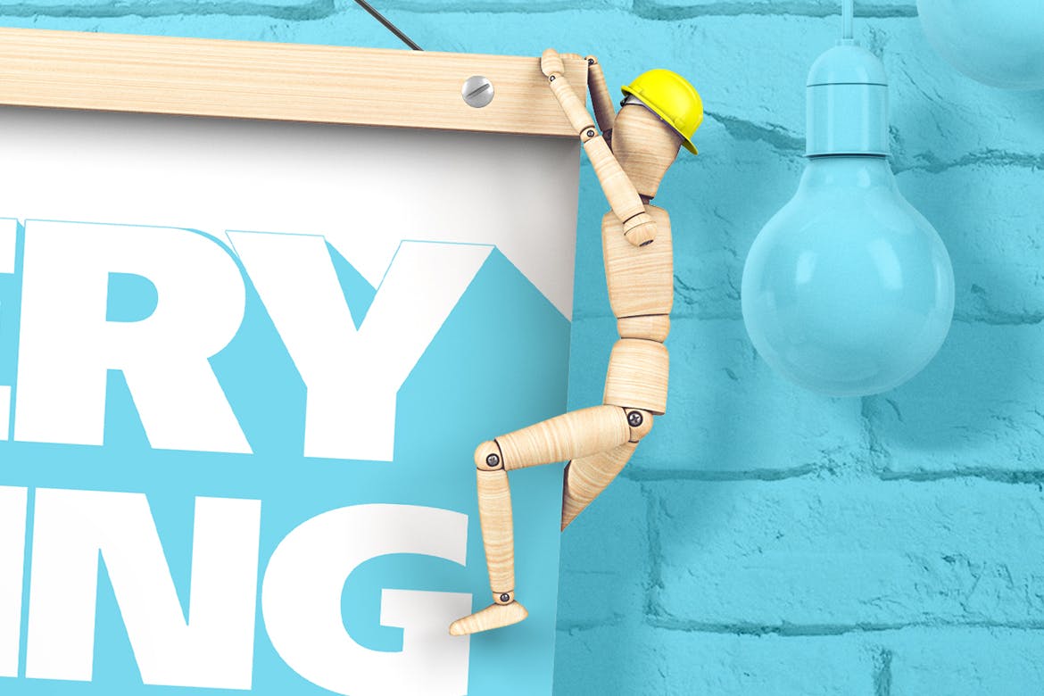 创意木偶场景海报设计效果图样机素材库精选 Square Hanging Poster With Wooden Men Mockup插图(2)