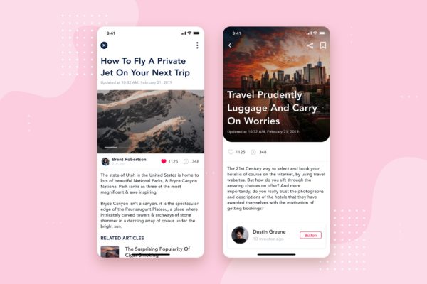 社交APP应用文章列表&amp;详情界面设计模板v2 Social – Articles Mobile Interface Concept