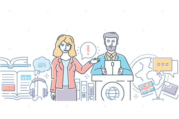 现场翻译主题线条设计风格矢量插画素材库精选 Translation – modern line design style web banner