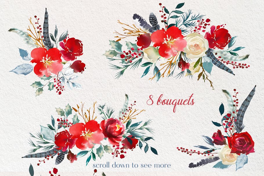 北欧斯堪的纳维亚设计风格红色水彩花卉插画 Boho Scandi Red Flowers PNG插图(1)