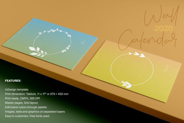 2020年简约植物手绘图案日历表设计模板 Wall Calendar 2020 Layout