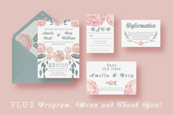 水彩植物花卉装饰结婚邀请函设计模板 Watercolour Wedding Suite