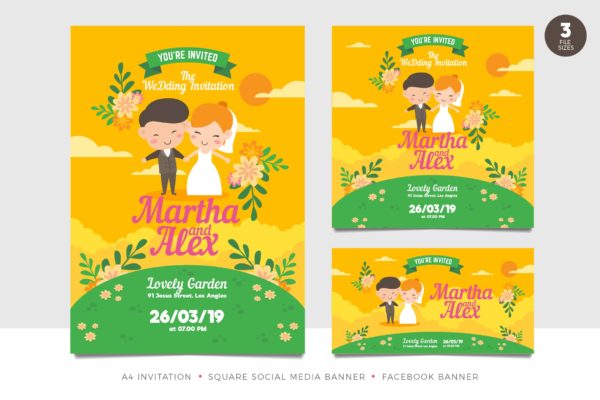 可爱新人手绘插画婚礼邀请函素材库精选模板套件 Cute Couple Wedding Invitation Set Template
