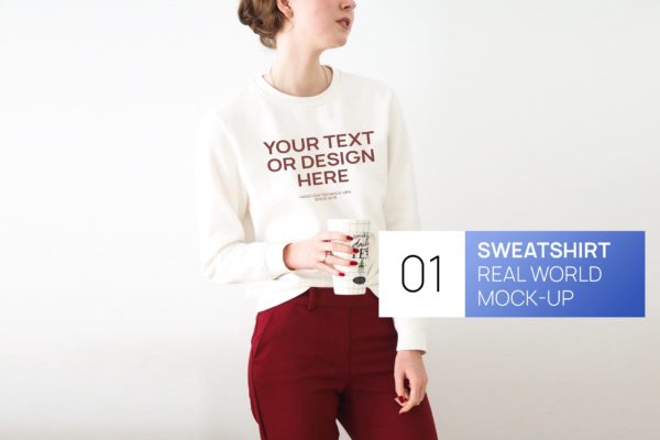 女式白色运动衫印花设计图样机素材库精选模板 Woman White Sweatshirt Real World Photo Mock-up
