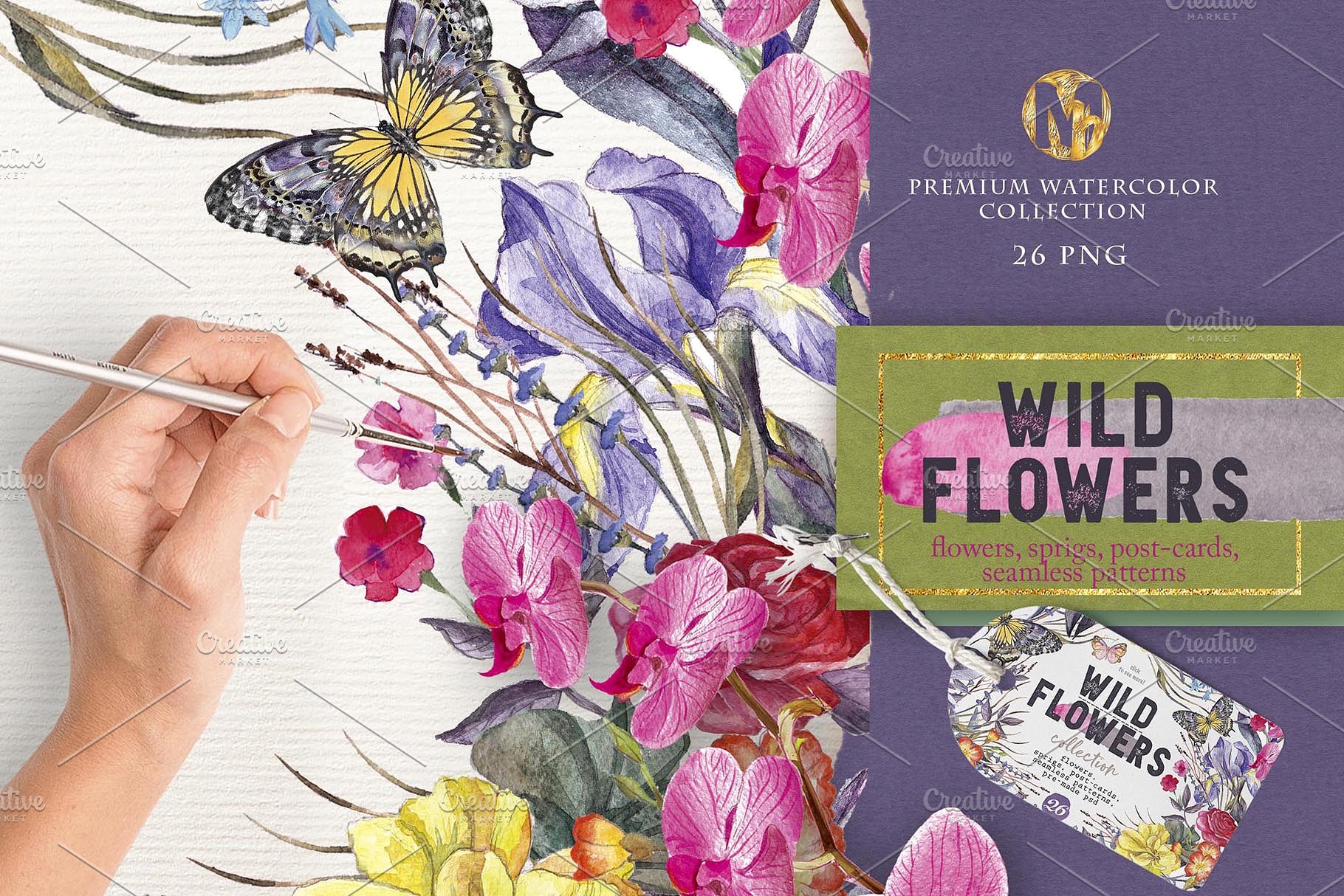 极力推荐:水彩设计素材合集(花草/花环/花束/树叶元素,明信片模板&无缝图案) Wildflowers vol.3插图(1)