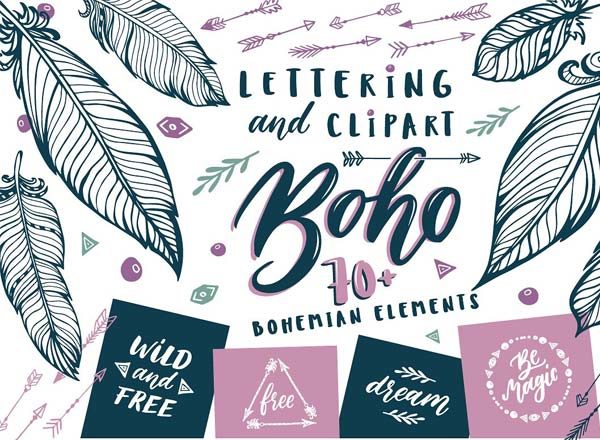 时尚的波西米亚风格剪贴画和刻字大集合