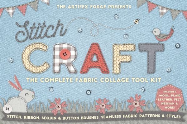 缝制手作工艺图案设计素材合集[2.32GB, 纹理/图层样式/笔刷] Stitch Craft – Brushes Styles &amp; More