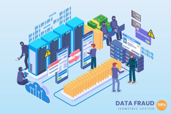 数据欺诈技术等距矢量素材库精选科技概念插画 Isometric Data Fraud Technology Vector Concept