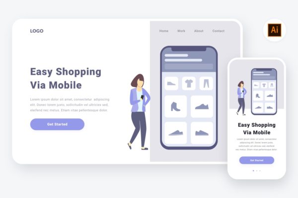 时尚购物主题APP&amp;Web设计矢量插画素材 Shopping via mobile illustration (AI, SVG)