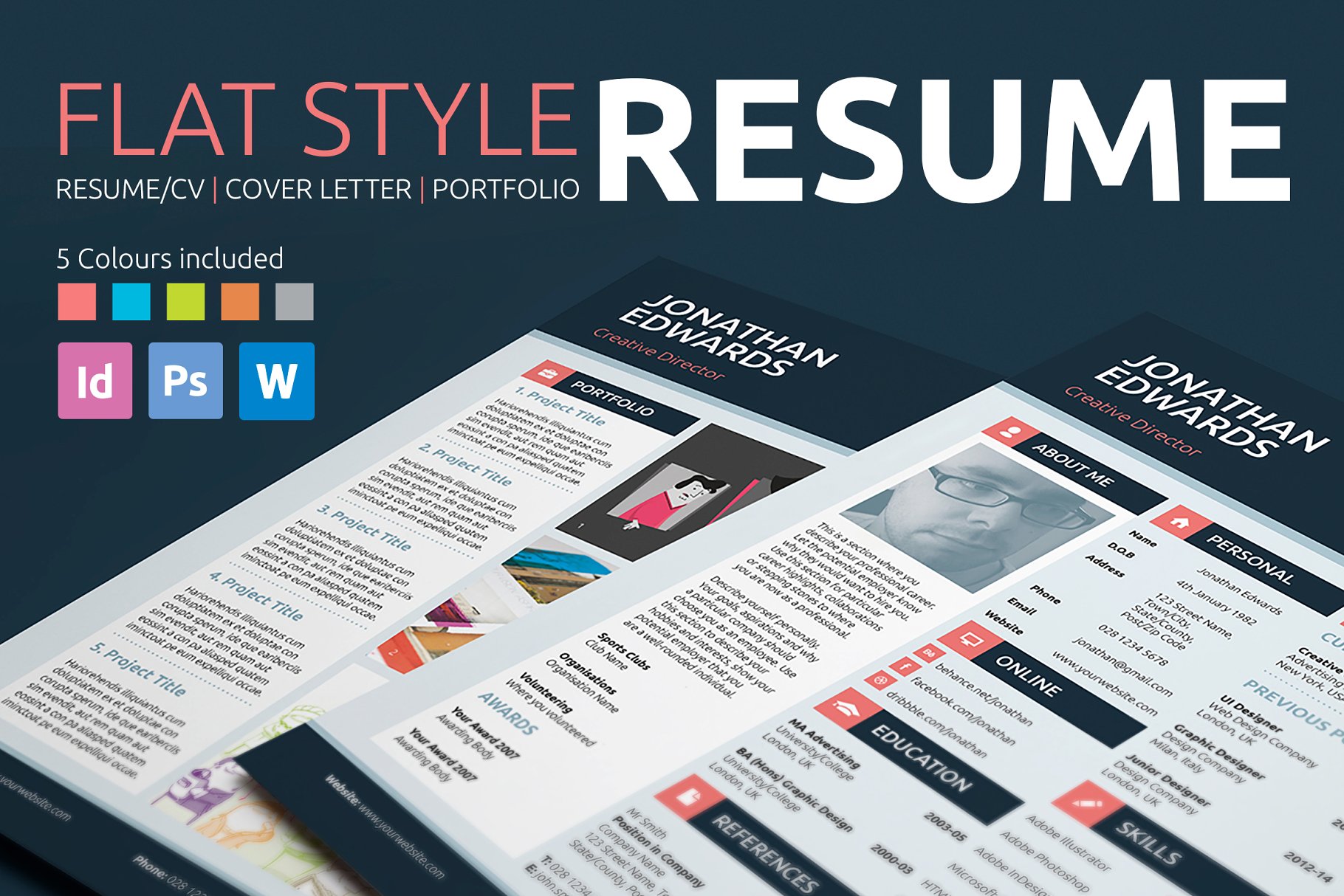 多种配色扁平风格专业设计师简历模板 Resume/CV – Flat Style插图