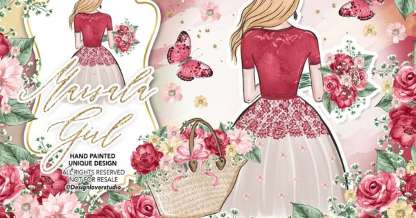 漂亮女孩水彩花卉插画婚礼设计素材 Marsala Girl design