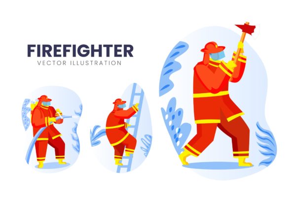 消防员卡通人物矢量插画素材库精选素材 Firefighter Vector Character Set Illustration