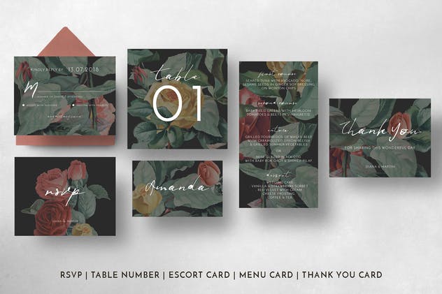 现代英式玫瑰插画婚礼邀请函设计模板套装 Modern English Garden Wedding Suite插图(5)