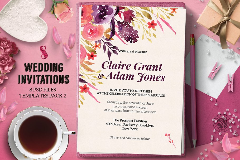 8款粉色少女元素婚礼邀请函模板 8 Wedding Invitations Pack 2插图(1)
