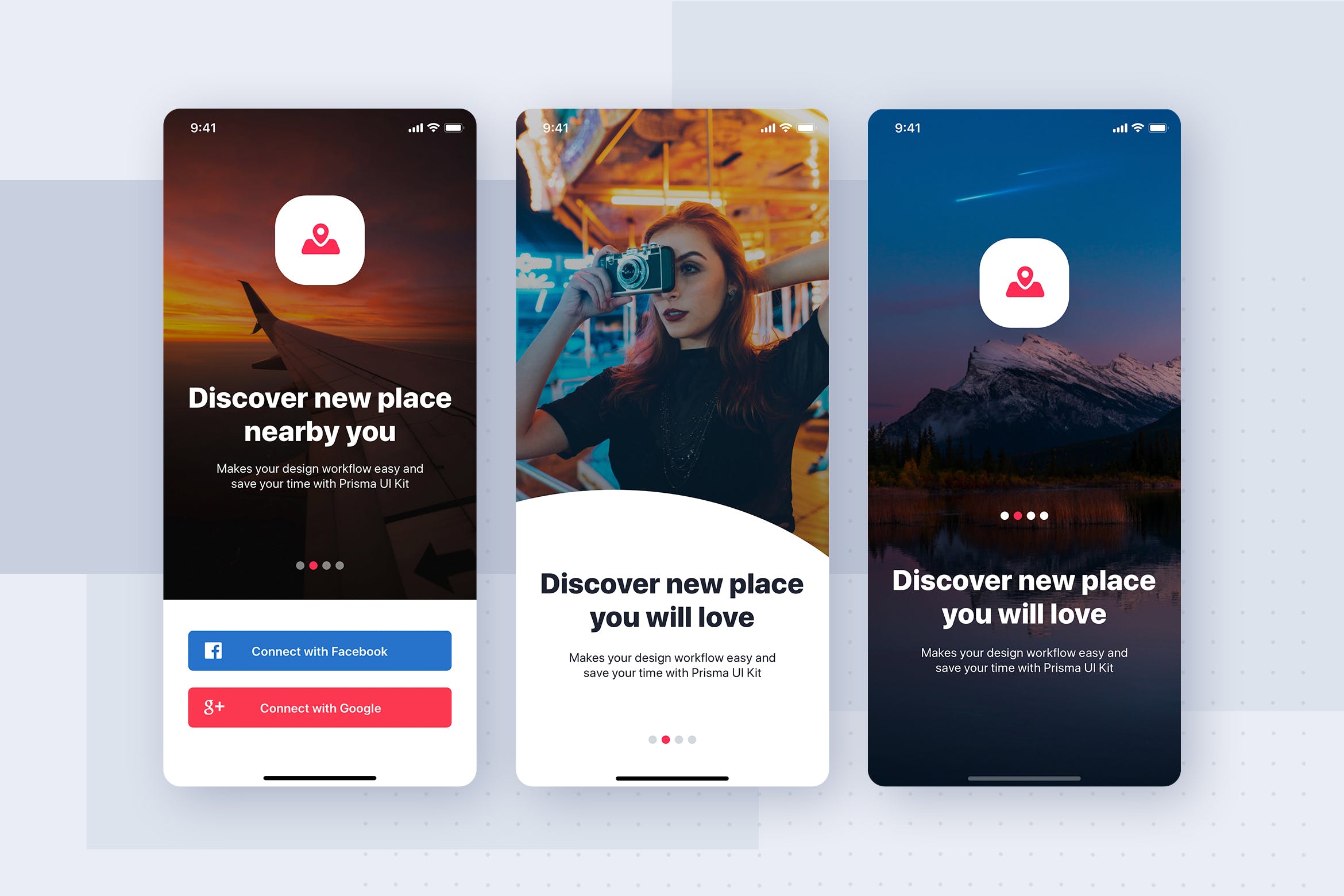 摄影社交APP应用引导页设计模板 3 Walkthrough screens for mobile app插图