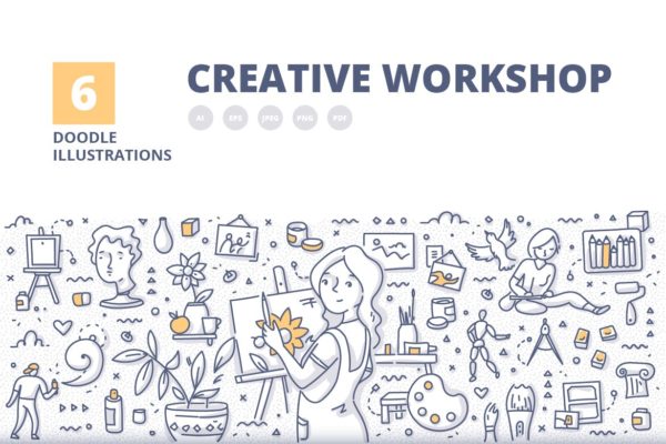 6个创意工作室涂鸦概念插画素材 6 Creative Workshop Doodle Illustration Concepts