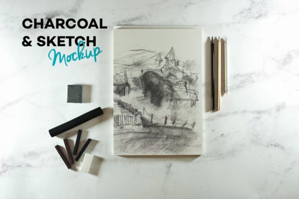 木炭笔&amp;素描本艺术品展示样机 Charcoal &amp; Sketch Mockup