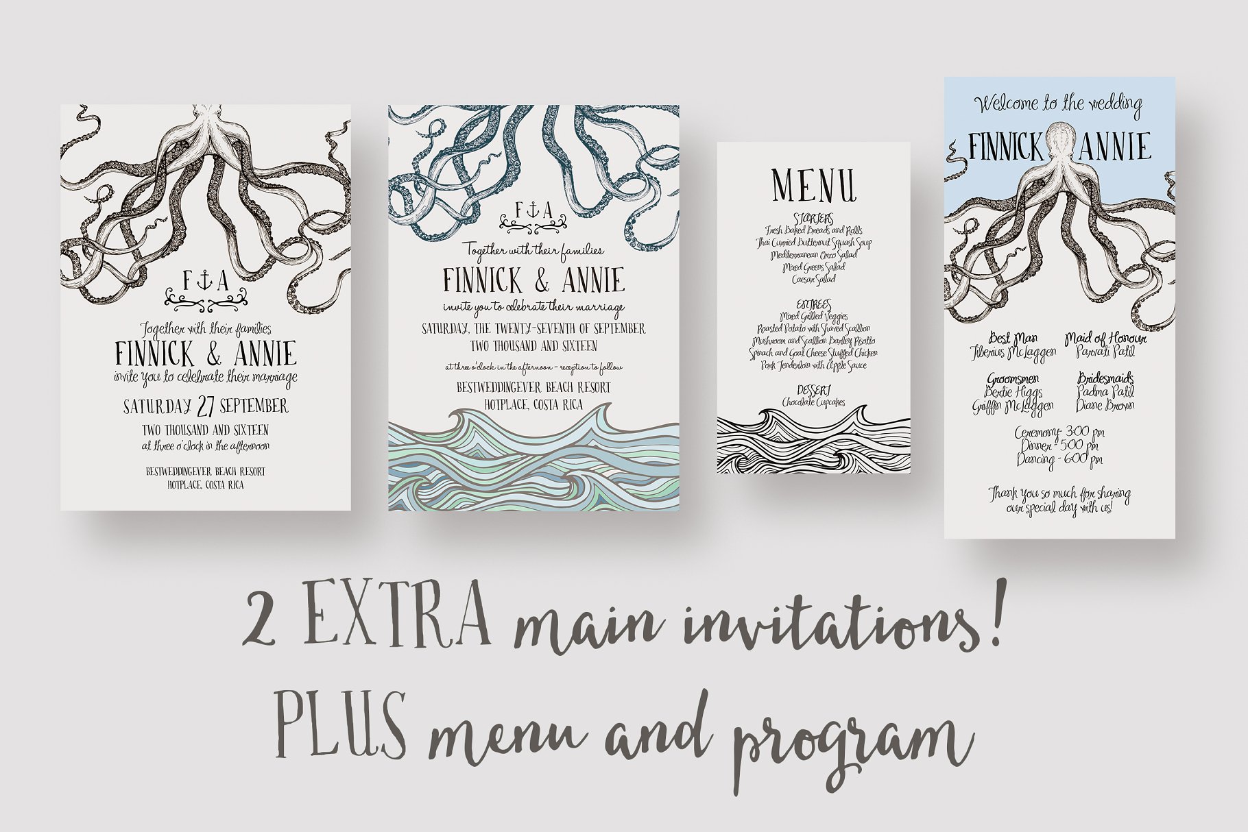 章鱼脚边框婚礼邀请函设计套装 Octopus Wedding Invitation Suite插图(2)