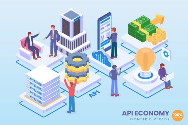 API经济技术等距矢量素材库精选科技概念插画 Isometric API Economy Technology Vector Concept