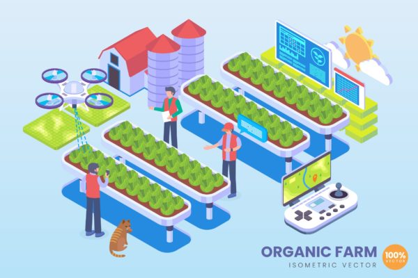 有机农场技术等距矢量素材库精选概念插画 Isometric Organic Farm Technology Vector Concept