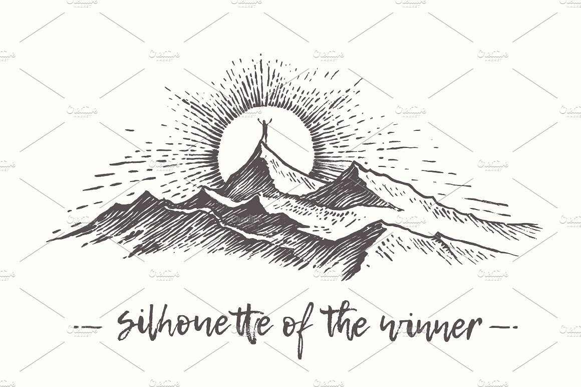 日落西山与人意境素描剪贴画 Man on the top of the hill插图